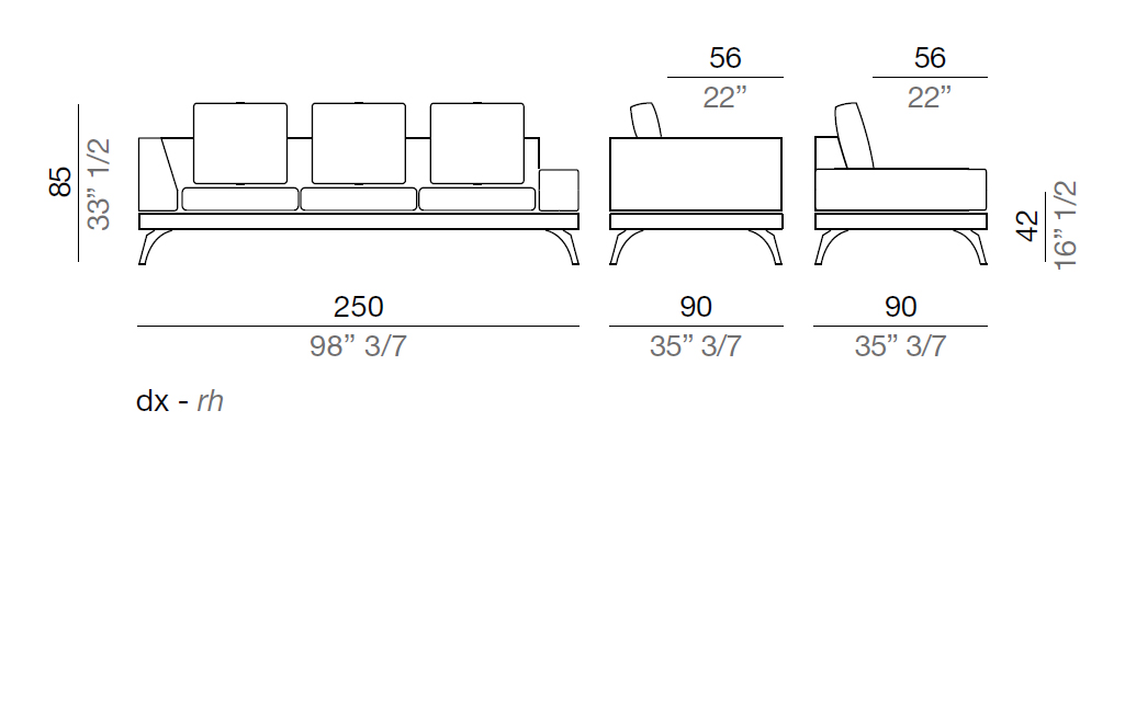 Mussi Acanto Sofa with low and high armrest  250 cm - AB250*
