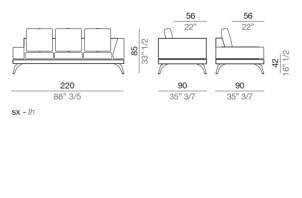 Mussi Acanto Sofa with low and high armrest  220 cm - AB3_220