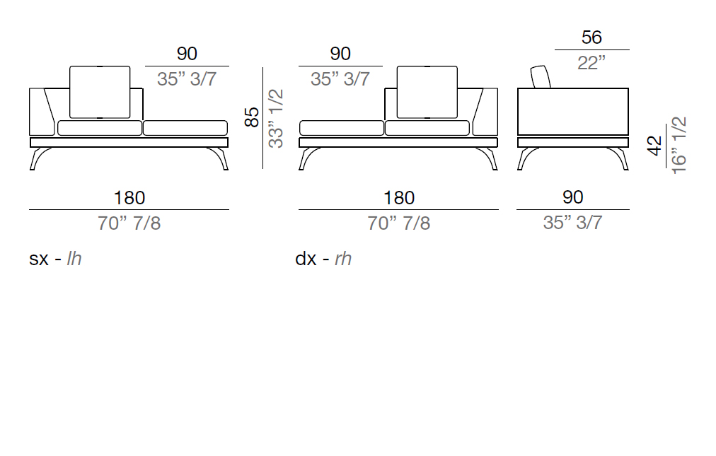 Mussi Acanto Elemento con pouf terminale e bracciolo alto 180 cm - A180_PF90*