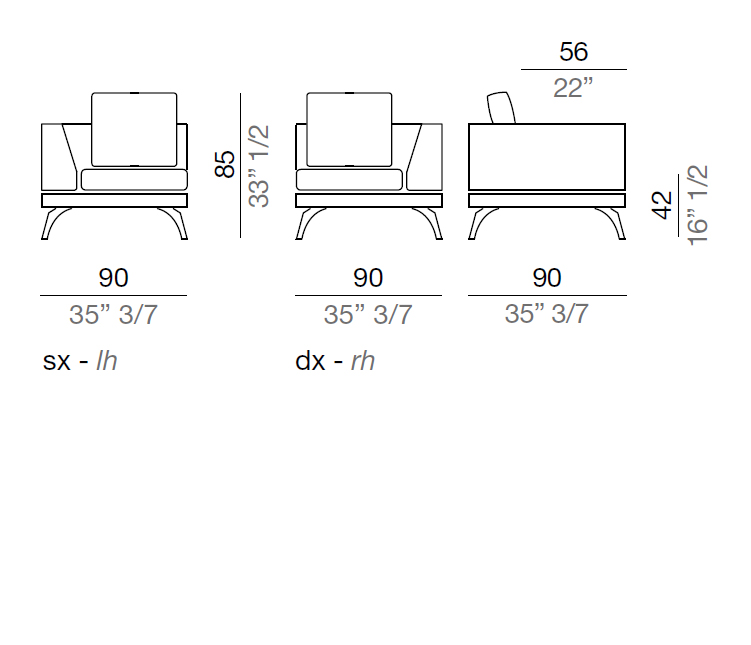 Mussi Acanto Terminal element with high armrest 90 cm - A90*