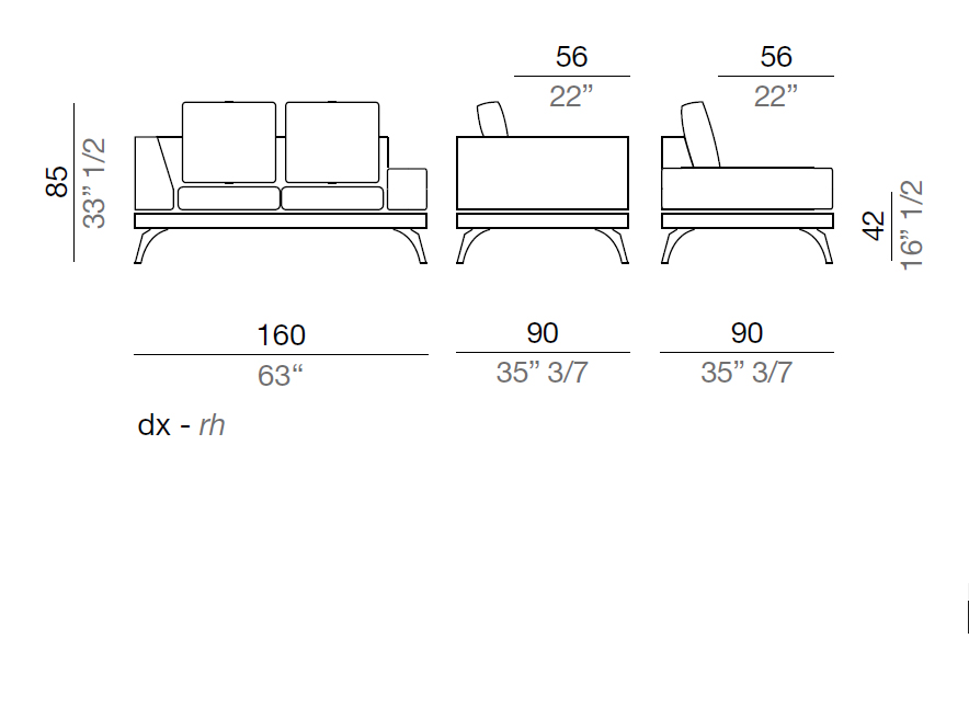 Mussi Acanto Sofa with low and high armrest 160 cm - AB160