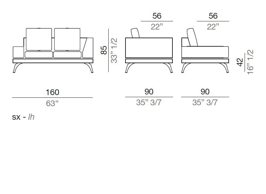 Mussi Acanto Sofa with low and high armrest 160 cm - AB160
