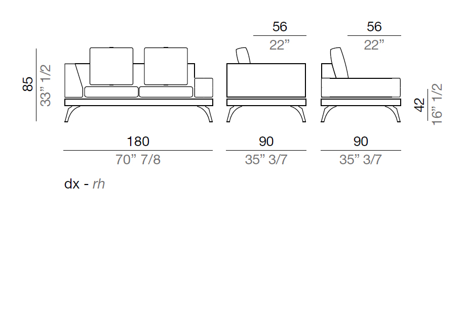 Mussi Acanto Sofa with low and high armrest 180 cm - AB180