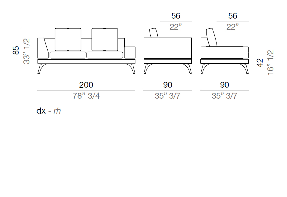 Mussi Acanto Sofa with low and high armrest 200 cm - AB200