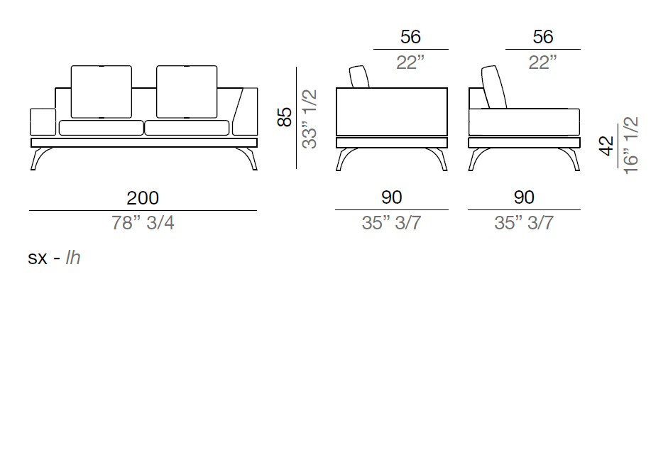 Mussi Acanto Sofa with low and high armrest 200 cm - AB200