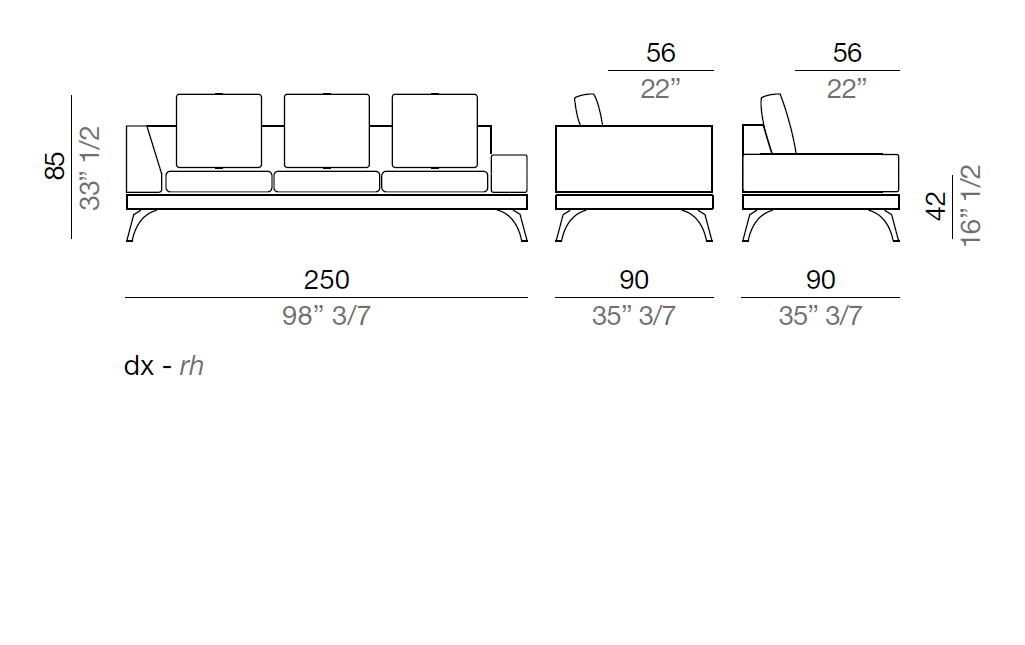 Mussi Acanto Sofa with low and high armrest 250 cm - AB250*