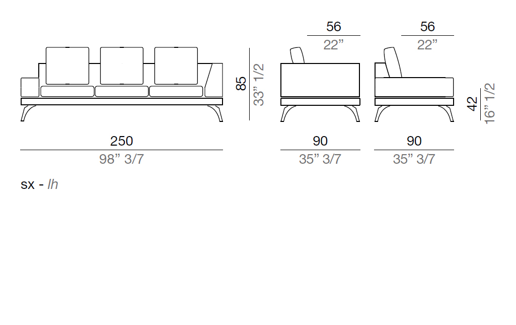 Mussi Acanto Sofa with low and high armrest 250 cm - AB250*