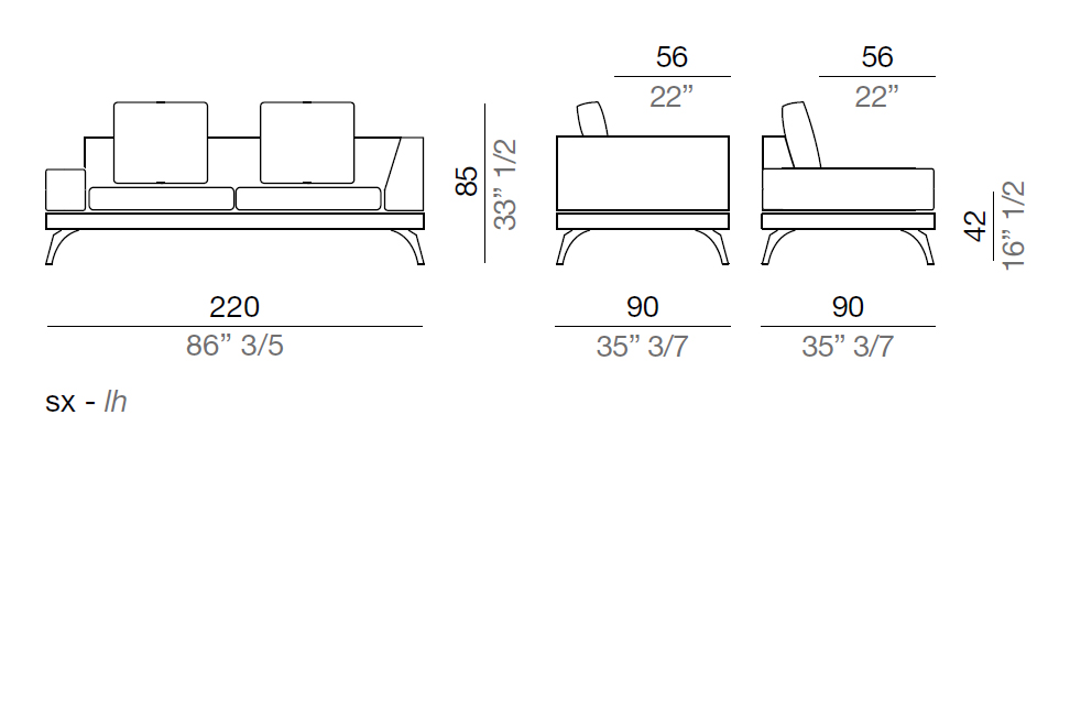 Mussi Acanto Sofa with low and high armrest 220 cm - AB2_220