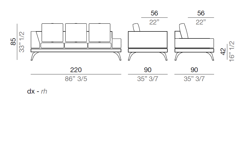Mussi Acanto Sofa with low and high armrest 220 cm - AB3_220