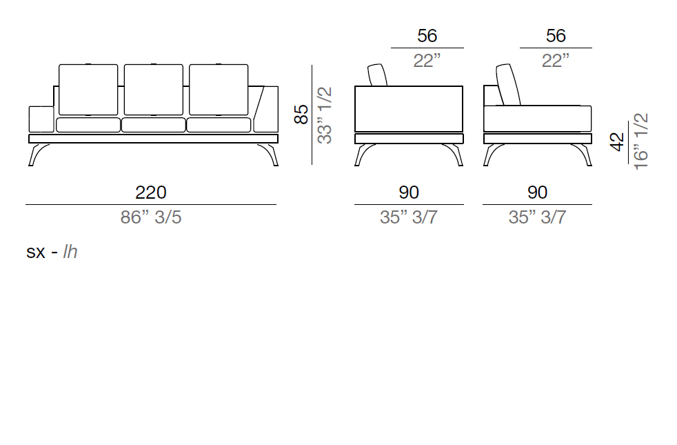 Mussi Acanto Sofa with low and high armrest 220 cm - AB3_220