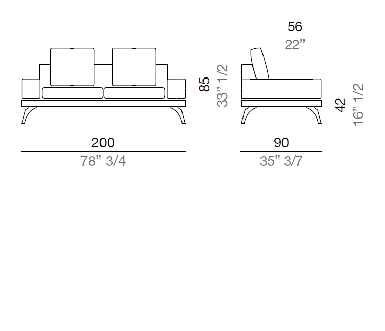 Mussi Acanto Sofa with 20 cm low armrest, 200 cm - B20_D200