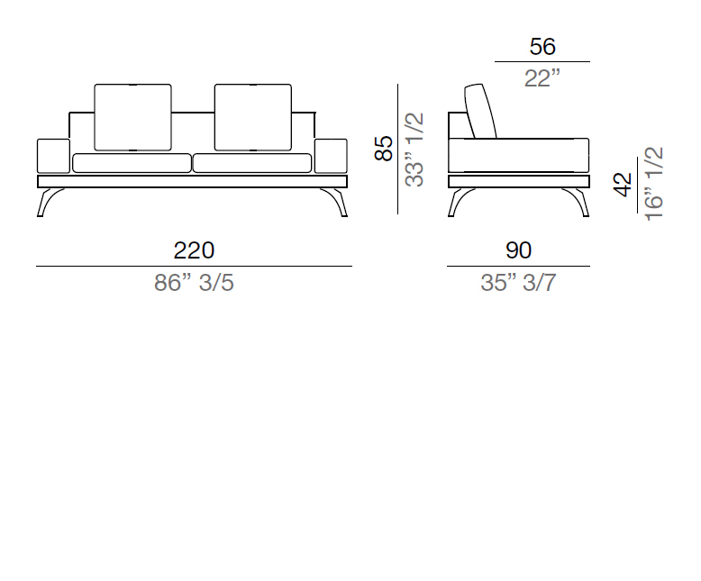 Mussi Acanto Sofa with 20 cm low armrest, 220 cm - B20_D2_220