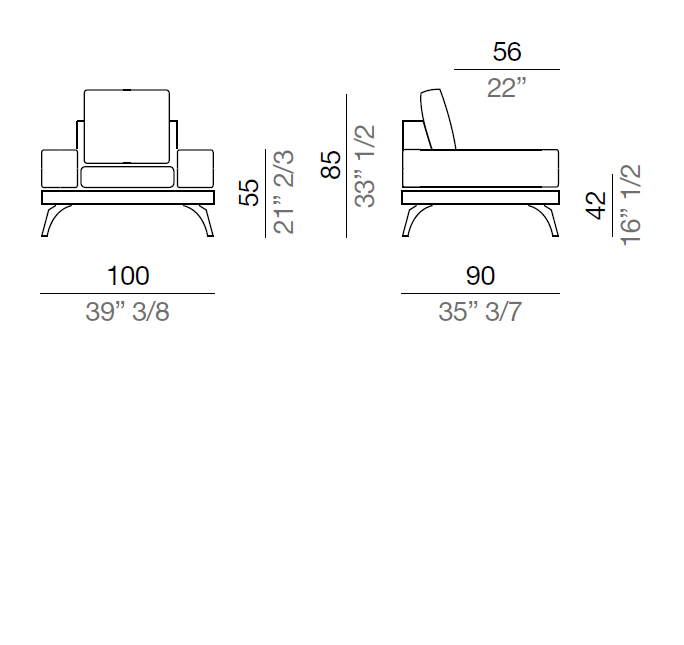 Mussi Acanto Armchair with 20 cm low armrest, 100 cm - B20_P100