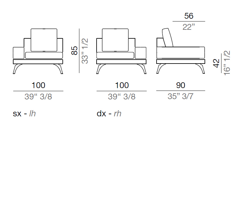Mussi Acanto Element with terminal pouf and 20 cm low armrest, 100 cm - B20_T100