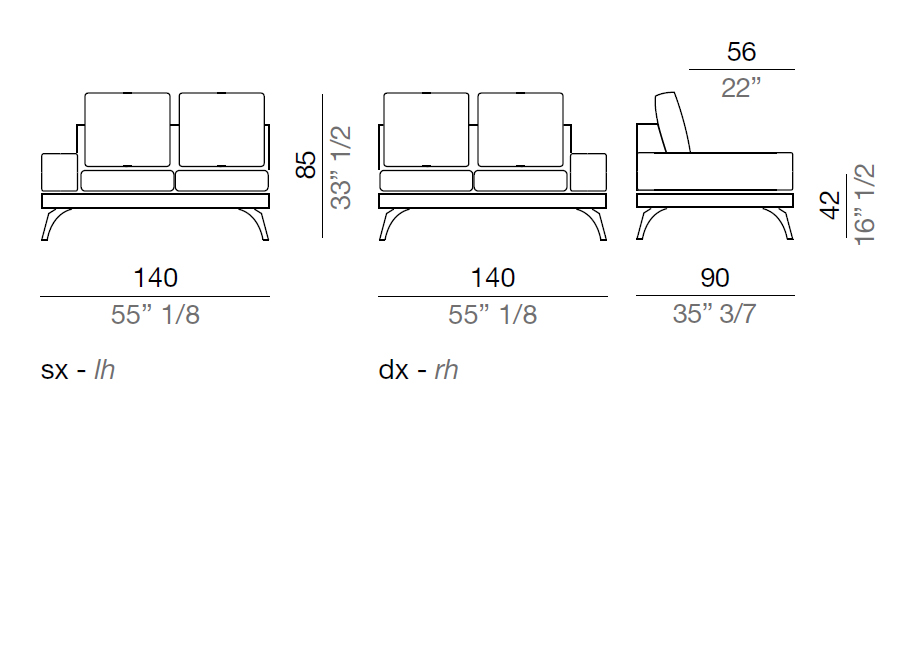 Mussi Acanto Element with terminal pouf and 20 cm low armrest, 140 cm - B20_T140