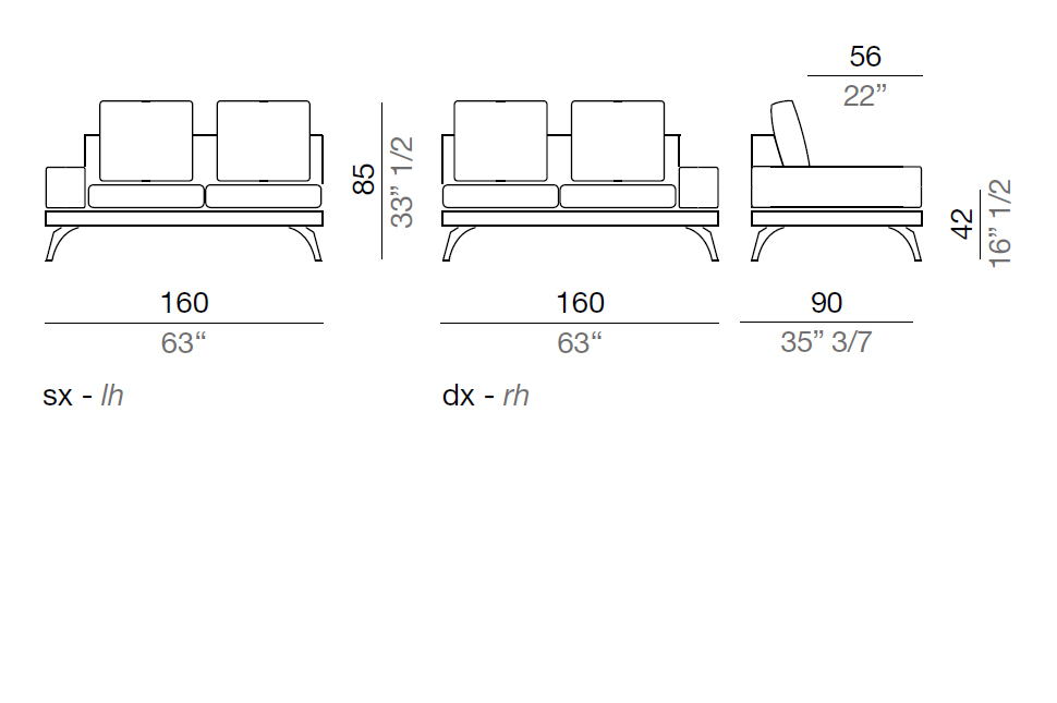 Mussi Acanto Element with terminal pouf and 20 cm low armrest 160 cm - B20_T160