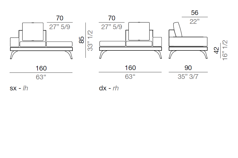 Mussi Acanto Element with terminal pouf and 20 cm low armrest, 160 cm - B20_T160_PF70