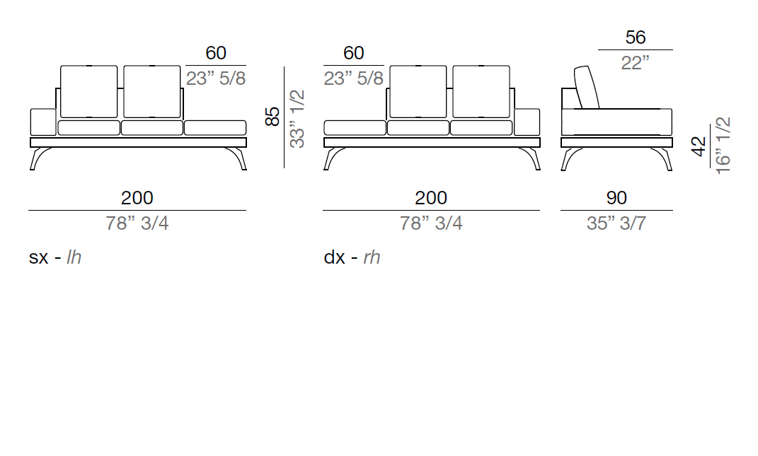 Mussi Acanto Elemento con pouf terminale e bracciolo 20 cm basso, 200 cm - B20_T200_PF60