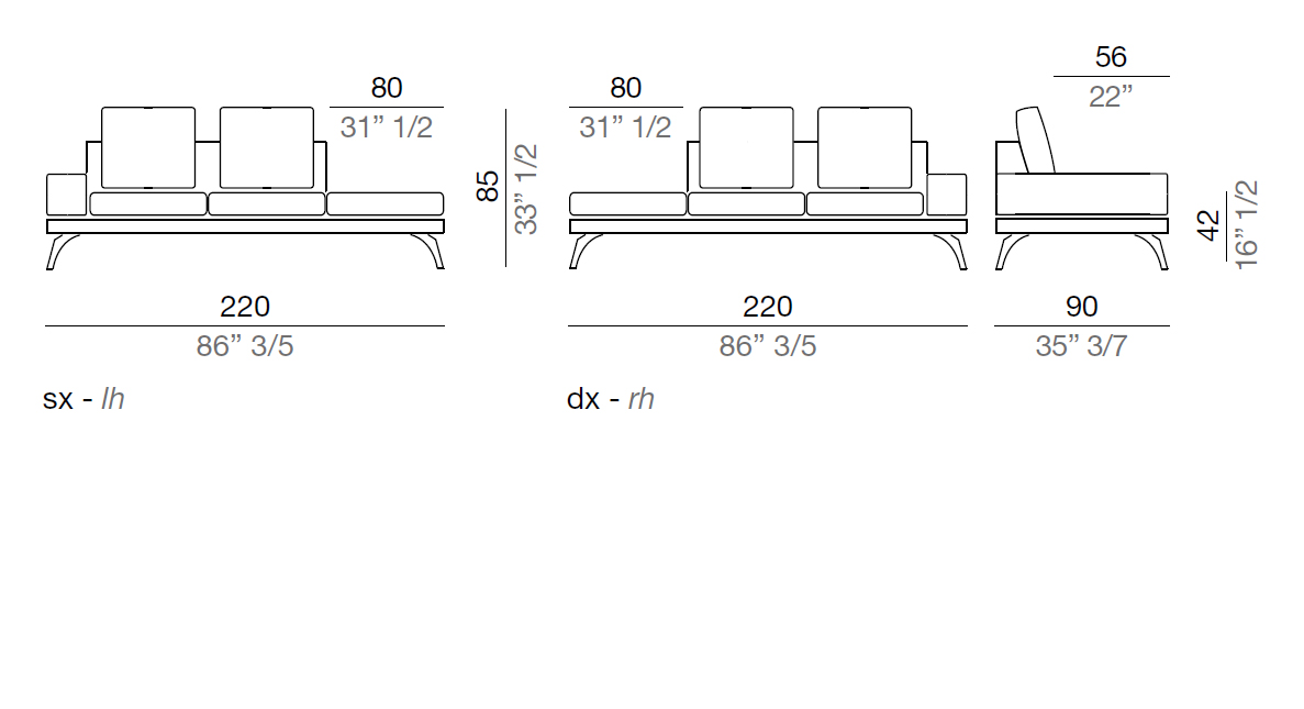 Mussi Acanto Element with terminal pouf and 20 cm low armrest, 220 cm - B20_T220_PF80