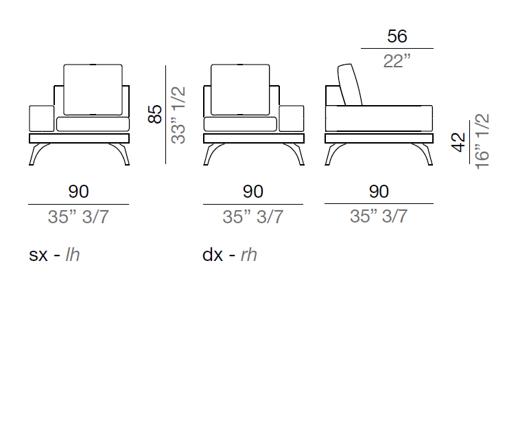 Mussi Acanto Element with terminal pouf and 20 cm low armrest, 90 cm - B20_T90