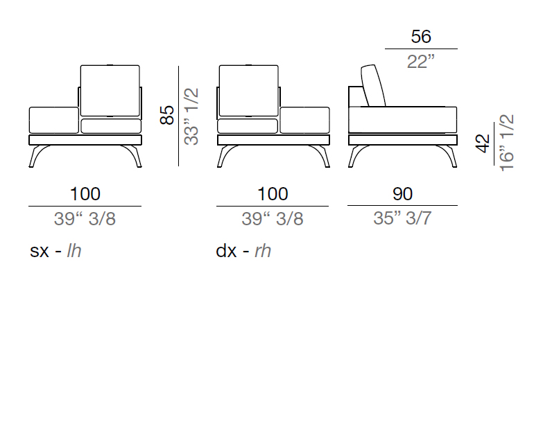 Mussi Acanto Element with terminal pouf and 40 cm low armrest, 100 cm - B40_T100