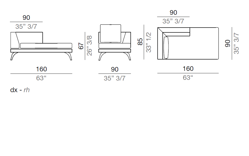 Mussi Acanto Chaise-longue with high armrest 90x160 cm - CLA160