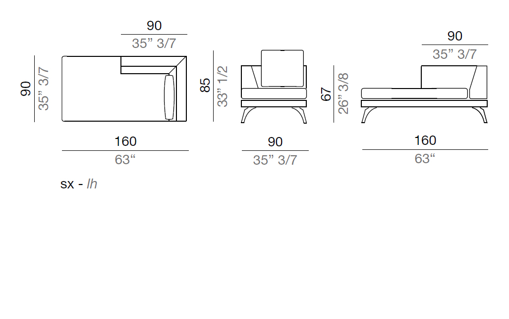 Mussi Acanto Chaise-longue with high armrest 90x160 cm - CLA160