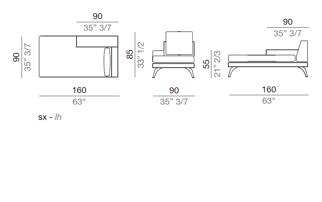 Mussi Acanto Chaise-longue with 20 cm low armrest, 90x160 cm - CLB160